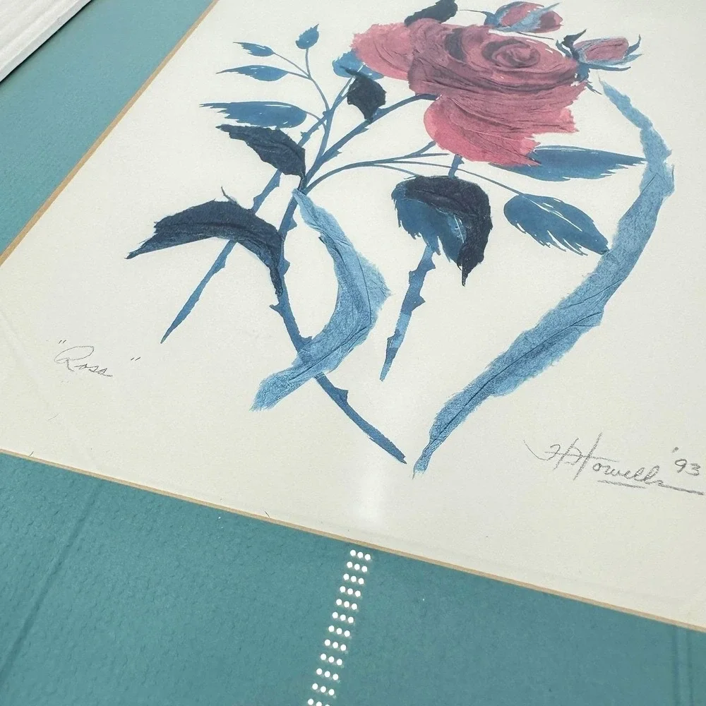 Cottage Victorian Vintage Rose Floral Framed Original Art Pink Blue‎ White Frame